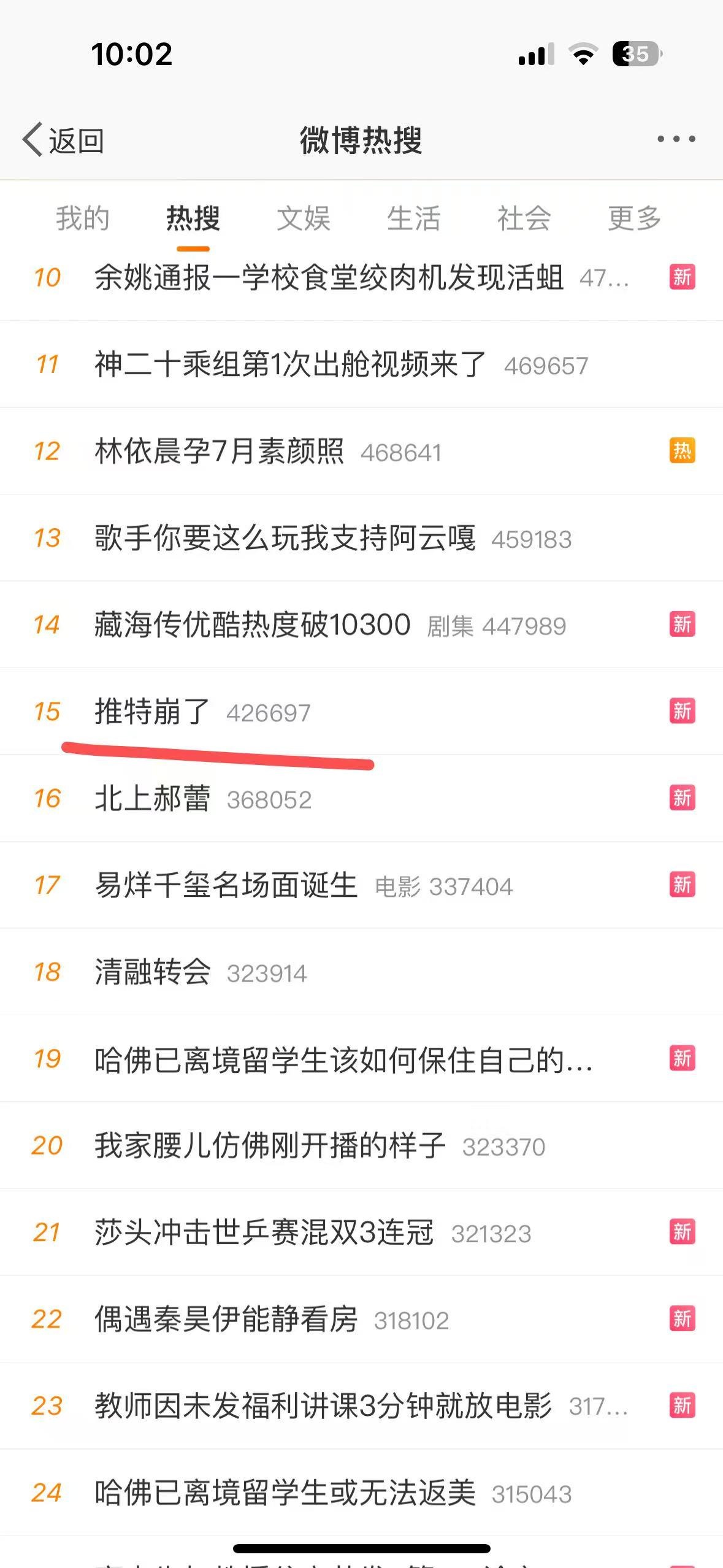 “推特崩了”登上微博热搜第15位