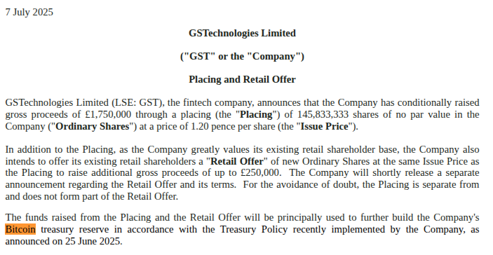 上市公司GSTechnologies已筹集175万英镑，将用于增加比特币储备