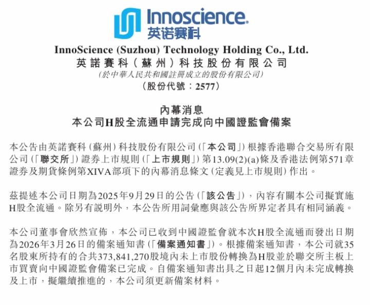 英诺赛科H股全流通备案通过：H股市值跃升至500亿港元，手握全球指数入场券